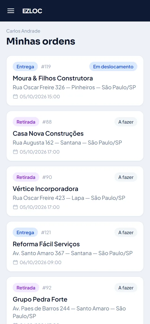 Lista de ordens de serviço do motorista no celular